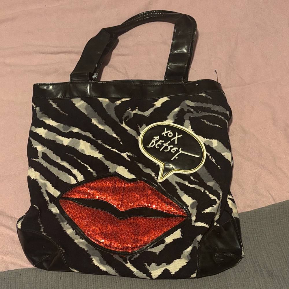 Vintage Betsey Johnson Zebra Print Tote with Red Sequin Lips